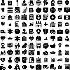 Collection Of 100 Medical Icons Set Isolated Solid Silhouette Icons Including Clinic, Doctor, Medical, Health, Hospital, Medicine, Care Infographic Elements Vector Illustration Logo