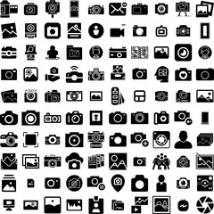 Collection Of 100 Photo Icons Set Isolated Solid Silhouette Icons Including Frame, Blank, Design, Paper, Picture, Photo, Retro Infographic Elements Vector Illustration Logo
