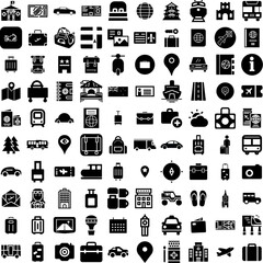 Collection Of 100 Travel Icons Set Isolated Solid Silhouette Icons Including Journey, Holiday, Airplane, Tourism, Travel, Trip, Vacation Infographic Elements Vector Illustration Logo