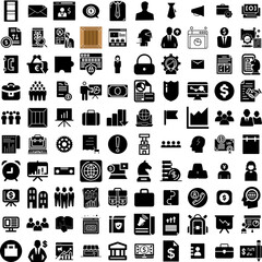 Collection Of 100 Business Icons Set Isolated Solid Silhouette Icons Including Success, Corporate, Teamwork, Business, Office, Technology, Communication Infographic Elements Vector Illustration Logo