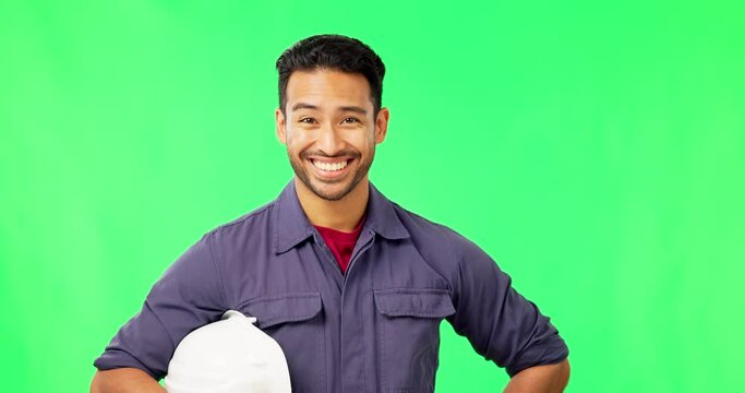 Sweating, hard work and face of Asian man on green screen tired, exhausted and fatigue after working. Construction worker, happy and portrait of male contractor wipe sweat on forehead in studio