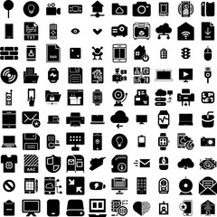 Collection Of 100 Technology Icons Set Isolated Solid Silhouette Icons Including Network, Digital, Communication, Concept, Data, Technology, Internet Infographic Elements Vector Illustration Logo