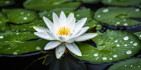 Beautiful aquatic plant, white water lily nymphaea alba in a lake, under raindrops, concept of Aquatic ecology, created with Generative AI technology - obrazy, fototapety, plakaty