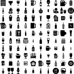 Collection Of 100 Alcohol Icons Set Isolated Solid Silhouette Icons Including Bar, Background, Drink, Glass, Alcohol, Beverage, Alcoholic Infographic Elements Vector Illustration Logo