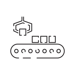 Robot or robotic icon such as arm, hand, production line, box packaging, automotive production, computer control and other product manufacturing, vector icon