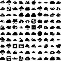 Collection Of 100 Clouds Icons Set Isolated Solid Silhouette Icons Including Sky, Background, White, Cloud, Air, Vector, Blue Infographic Elements Vector Illustration Logo