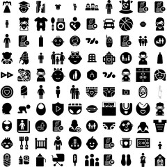 Collection Of 100 Child Icons Set Isolated Solid Silhouette Icons Including Childhood, Kid, Boy, Child, Girl, Fun, Happy Infographic Elements Vector Illustration Logo