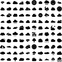 Collection Of 100 Cloudy Icons Set Isolated Solid Silhouette Icons Including Weather, Cloud, Background, Sky, Blue, Cloudy, Nature Infographic Elements Vector Illustration Logo