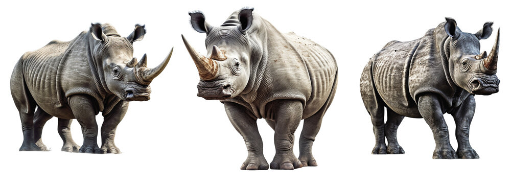 Three different images of a rhinoceros, on a transparent background, Generative AI