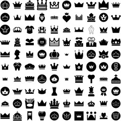 Collection Of 100 Crown Icons Set Isolated Solid Silhouette Icons Including King, Symbol, Royal, Queen, Prince, Crown, Princess Infographic Elements Vector Illustration Logo