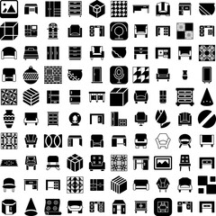 Collection Of 100 Decor Icons Set Isolated Solid Silhouette Icons Including Decor, Decoration, Design, House, Room, Interior, Home Infographic Elements Vector Illustration Logo