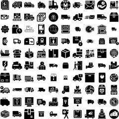 Collection Of 100 Delivery Icons Set Isolated Solid Silhouette Icons Including Order, Shipping, Service, Fast, Delivery, Transport, Courier Infographic Elements Vector Illustration Logo