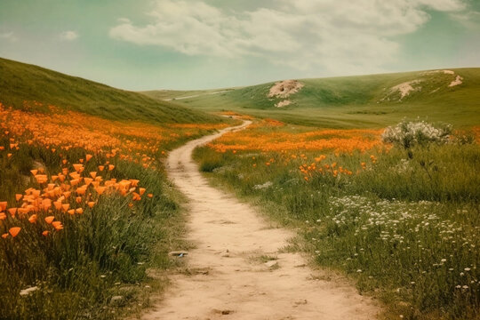 Un camino de tierra que conduce a un campo de amapolas naranjas junto a otras flores delicadas.