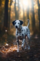 Dalmatian dog is walking in the forest. Generative AI.
