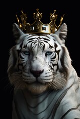 White tiger with golden crown on black background. Generative AI.