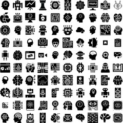 Collection Of 100 Intelligence Icons Set Isolated Solid Silhouette Icons Including Technology, Ai, Artificial, Digital, Robot, Concept, Intelligence Infographic Elements Vector Illustration Logo