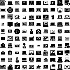 Collection Of 100 Laptop Icons Set Isolated Solid Silhouette Icons Including Digital, Laptop, Notebook, Technology, Screen, Isolated, Computer Infographic Elements Vector Illustration Logo