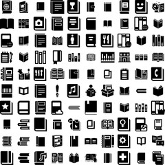 Collection Of 100 Literature Icons Set Isolated Solid Silhouette Icons Including Library, Knowledge, Education, School, Concept, Book, Literature Infographic Elements Vector Illustration Logo