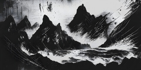 black and white grunge brush stroke and paint splash mountains background generative AI