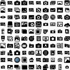 Collection Of 100 Photos Icons Set Isolated Solid Silhouette Icons Including Picture, Retro, Design, Photo, Frame, Paper, Blank Infographic Elements Vector Illustration Logo