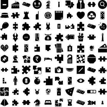 Collection Of 100 Piece Icons Set Isolated Solid Silhouette Icons Including Jigsaw, Symbol, Design, Vector, Puzzle, Piece, White Infographic Elements Vector Illustration Logo