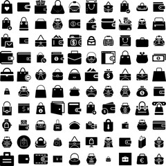 Collection Of 100 Purse Icons Set Isolated Solid Silhouette Icons Including Background, Bag, Purse, Handbag, Woman, Female, Fashion Infographic Elements Vector Illustration Logo