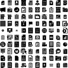 Collection Of 100 Report Icons Set Isolated Solid Silhouette Icons Including Financial, Report, Finance, Marketing, Concept, Business, Analysis Infographic Elements Vector Illustration Logo