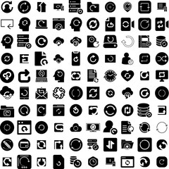 Collection Of 100 Reload Icons Set Isolated Solid Silhouette Icons Including Sign, Reload, Icon, Circle, Refresh, Arrow, Symbol Infographic Elements Vector Illustration Logo