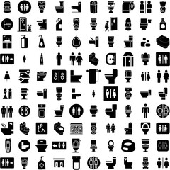 Collection Of 100 Restroom Icons Set Isolated Solid Silhouette Icons Including Bathroom, Wc, Male, Room, Restroom, Toilet, Public Infographic Elements Vector Illustration Logo