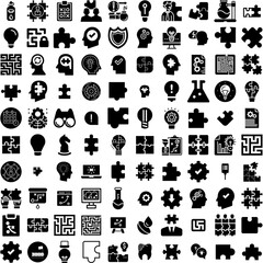 Collection Of 100 Solution Icons Set Isolated Solid Silhouette Icons Including Symbol, Solution, Business, Idea, Concept, Technology, Innovation Infographic Elements Vector Illustration Logo