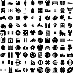 Collection Of 100 Sport Icons Set Isolated Solid Silhouette Icons Including Vector, Game, Sport, Design, Football, Competition, Background Infographic Elements Vector Illustration Logo