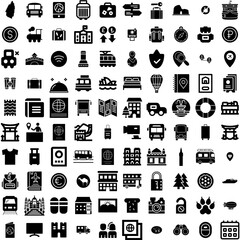 Collection Of 100 Tourism Icons Set Isolated Solid Silhouette Icons Including Holiday, Airplane, Tourism, Concept, Tourist, Travel, Trip Infographic Elements Vector Illustration Logo