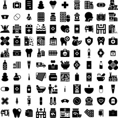 Collection Of 100 Treatment Icons Set Isolated Solid Silhouette Icons Including Waste, Sewage, Plant, Treatment, Water, Industrial, Factory Infographic Elements Vector Illustration Logo