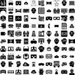 Collection Of 100 Virtual Icons Set Isolated Solid Silhouette Icons Including Technology, Virtual, Online, Communication, Business, Woman, Zoom Event Infographic Elements Vector Illustration Logo