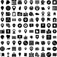 Collection Of 100 Location Icons Set Isolated Solid Silhouette Icons Including Place, Pin, Location, Sign, Vector, Icon, Symbol Infographic Elements Vector Illustration Logo