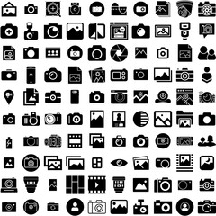 Collection Of 100 Photo Icons Set Isolated Solid Silhouette Icons Including Photo, Frame, Design, Retro, Paper, Blank, Picture Infographic Elements Vector Illustration Logo