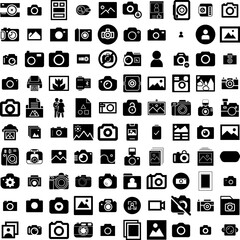 Collection Of 100 Photo Icons Set Isolated Solid Silhouette Icons Including Frame, Retro, Paper, Design, Photo, Blank, Picture Infographic Elements Vector Illustration Logo