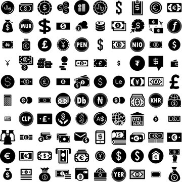 Collection Of 100 Currency Icons Set Isolated Solid Silhouette Icons Including Business, Currency, Exchange, Payment, Money, Cash, Finance Infographic Elements Vector Illustration Logo