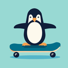 Cool cute little penguin on skateboard - flat vector art