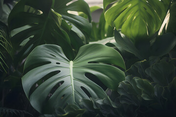 Green leaves of Monstera philodendron plant growing in greenhouse, tropical forest plant, evergreen...