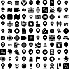 Collection Of 100 Location Icons Set Isolated Solid Silhouette Icons Including Location, Vector, Sign, Icon, Symbol, Pin, Place Infographic Elements Vector Illustration Logo