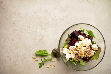 Healthy food, salad of vegetables, cheese and seeds