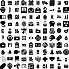 Collection Of 100 Medical Icons Set Isolated Solid Silhouette Icons Including Doctor, Care, Clinic, Medical, Hospital, Medicine, Health Infographic Elements Vector Illustration Logo