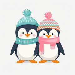 Cute penguins cartoon collection design. Cute Penguins cartoon illustration on a white background. Colorful Penguin wearing muffler and hat set design. AI Generated.