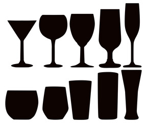 set drink glass silhouette icon wineglass, cup, mug, glass, bar, restaurant, beer, champagne, cocktail, juice, icon, drink, eatery,  wine, orange, sign, vector, symbol