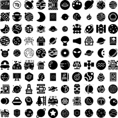 Collection Of 100 Astronomy Icons Set Isolated Solid Silhouette Icons Including Astronomy, Science, Night, Space, Universe, Cosmos, Sky Infographic Elements Vector Illustration Logo