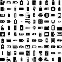 Collection Of 100 Charge Icons Set Isolated Solid Silhouette Icons Including Charge, Technology, Battery, Power, Charger, Energy, Electric Infographic Elements Vector Illustration Logo