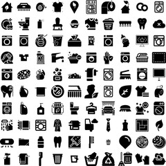 Collection Of 100 Clean Icons Set Isolated Solid Silhouette Icons Including Cleaner, Vector, Hygiene, Clean, Wash, Icon, Spray Infographic Elements Vector Illustration Logo