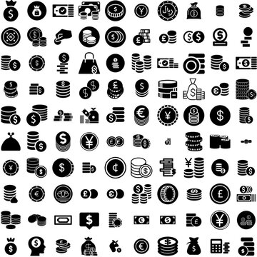 Collection Of 100 Coins Icons Set Isolated Solid Silhouette Icons Including Finance, Coin, Gold, Cash, Currency, Business, Money Infographic Elements Vector Illustration Logo