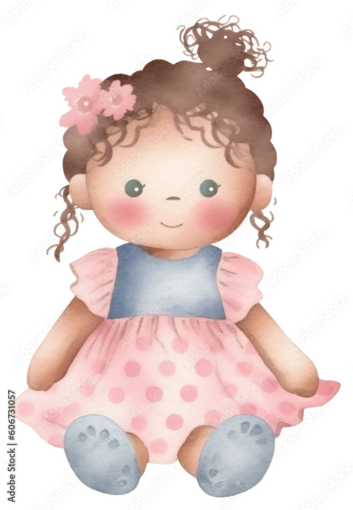 Wall mural Black baby doll. Watercolor, dark-skinned girl. Isolated on a transparent background. KI.